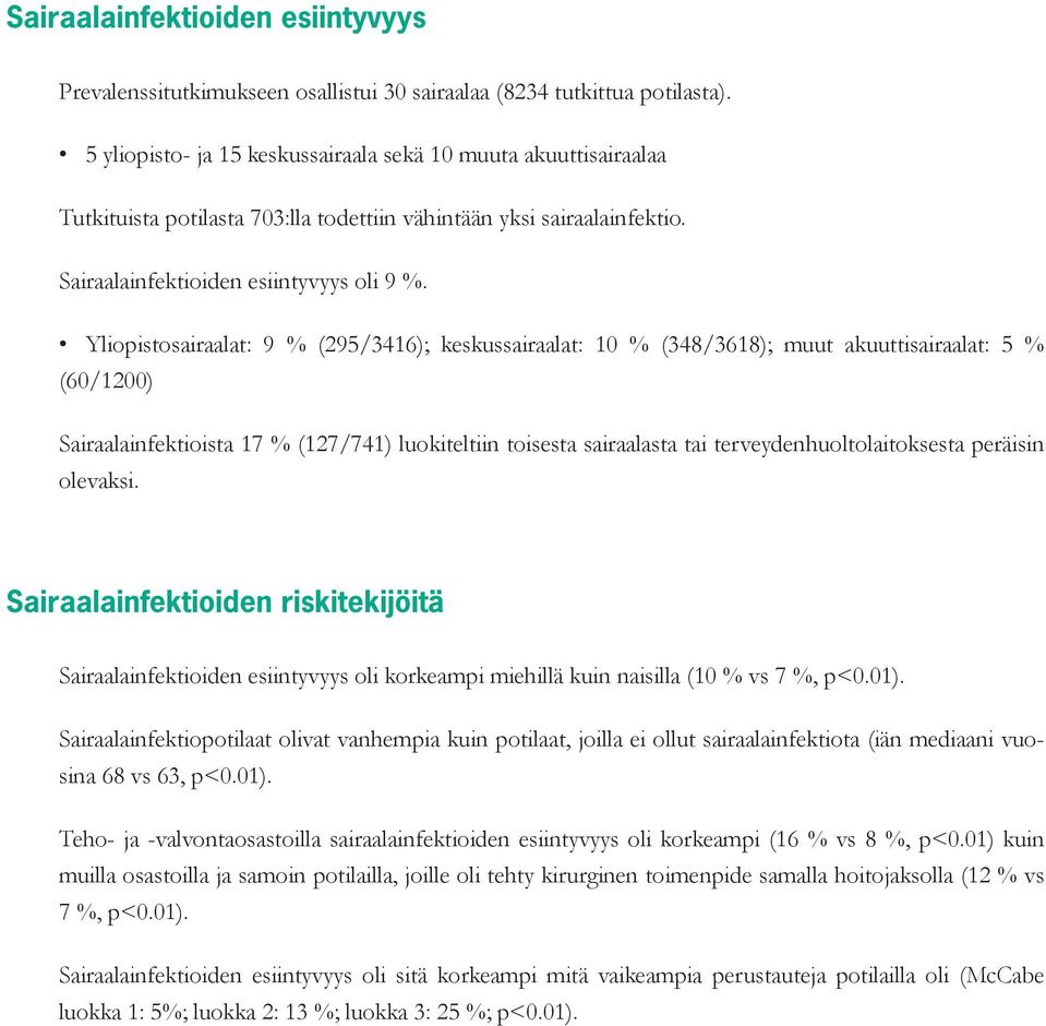 Yliopistosairaalat: 9 % (95/3416); keskussairaalat: 10 % (348/3618); muut akuuttisairaalat: 5 % (60/100) Sairaalainfektioista 17 % (17/741) luokiteltiin toisesta sairaalasta tai