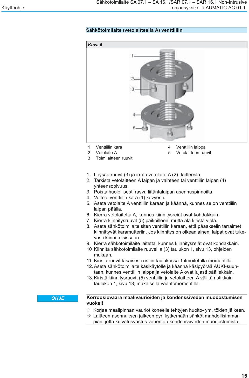 Poista huolellisesti rasva liitäntälaipan asennuspinnoilta. 4. Voitele venttiilin kara (1) kevyesti. 5. Aseta vetolaite A venttiilin karaan ja käännä, kunnes se on venttiilin laipan päällä. 6.