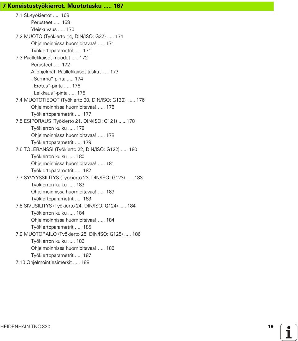 4 MUOTOTIEDOT (Työkierto 20, DIN/ISO: G120)... 176 Ohjelmoinnissa huomioitavaa!... 176 Työkiertoparametrit... 177 7.5 ESIPORAUS (Työkierto 21, DIN/ISO: G121)... 178 Työkierron kulku.