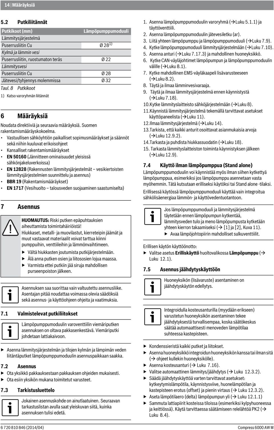 Jätevesi/tyhjennys molemmissa Ø 3 Taul. 8 Putkikoot 1) Katso varoryhmän liitännät 6 Määräyksiä Noudata direktiiviä ja seuraavia määräyksiä. Suomen rakentamismääräyskokoelma.