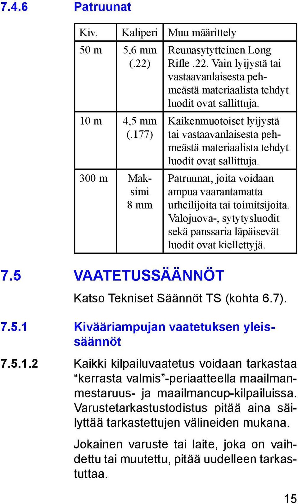 Valojuova-, sytytysluodit sekä panssaria läpäisevät luodit ovat kiellettyjä. Katso Tekniset Säännöt TS (kohta 6.7). 7.5.1 