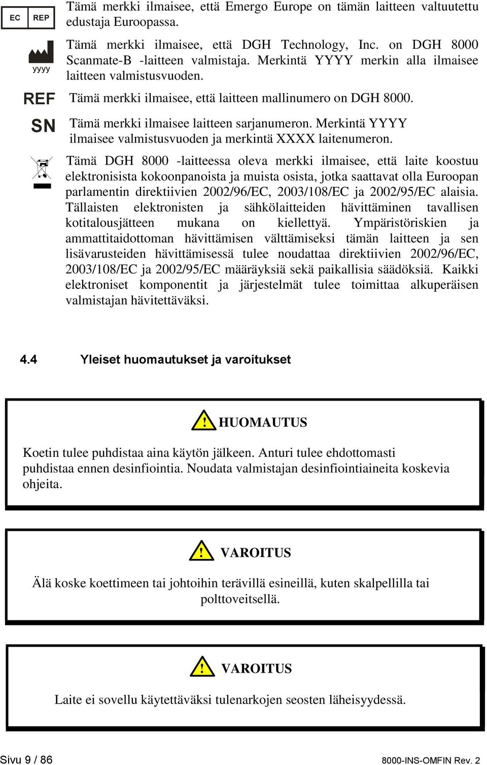 Tämä merkki ilmaisee laitteen sarjanumeron. Merkintä YYYY ilmaisee valmistusvuoden ja merkintä XXXX laitenumeron.