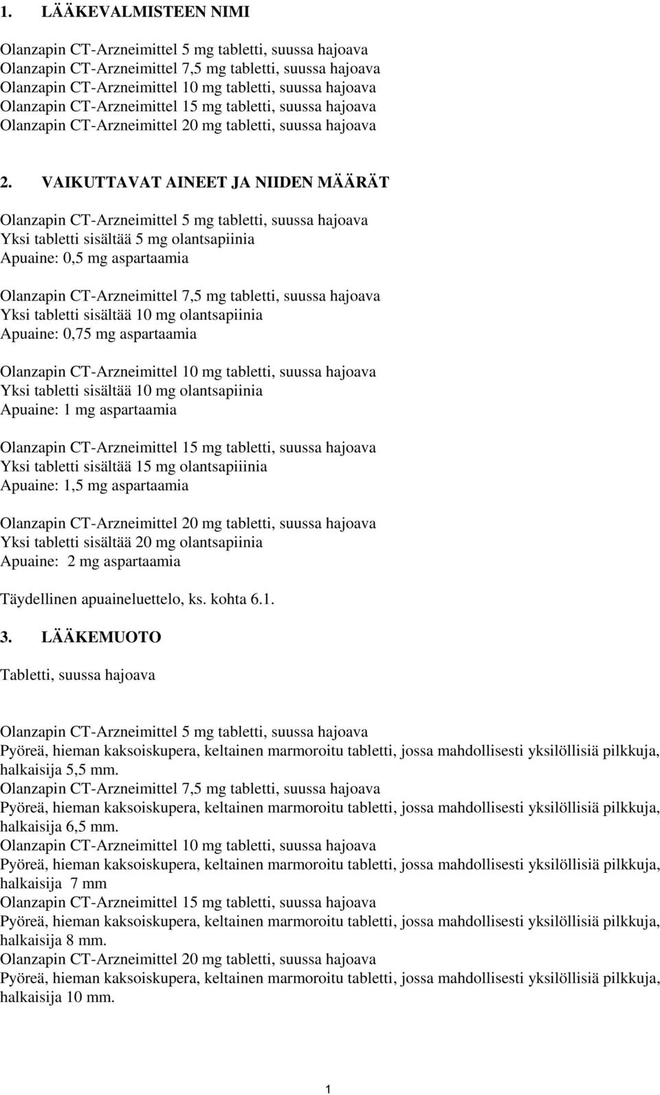 VAIKUTTAVAT AINEET JA NIIDEN MÄÄRÄT Olanzapin CT-Arzneimittel 5 mg tabletti, suussa hajoava Yksi tabletti sisältää 5 mg olantsapiinia Apuaine: 0,5 mg aspartaamia Olanzapin CT-Arzneimittel 7,5 mg