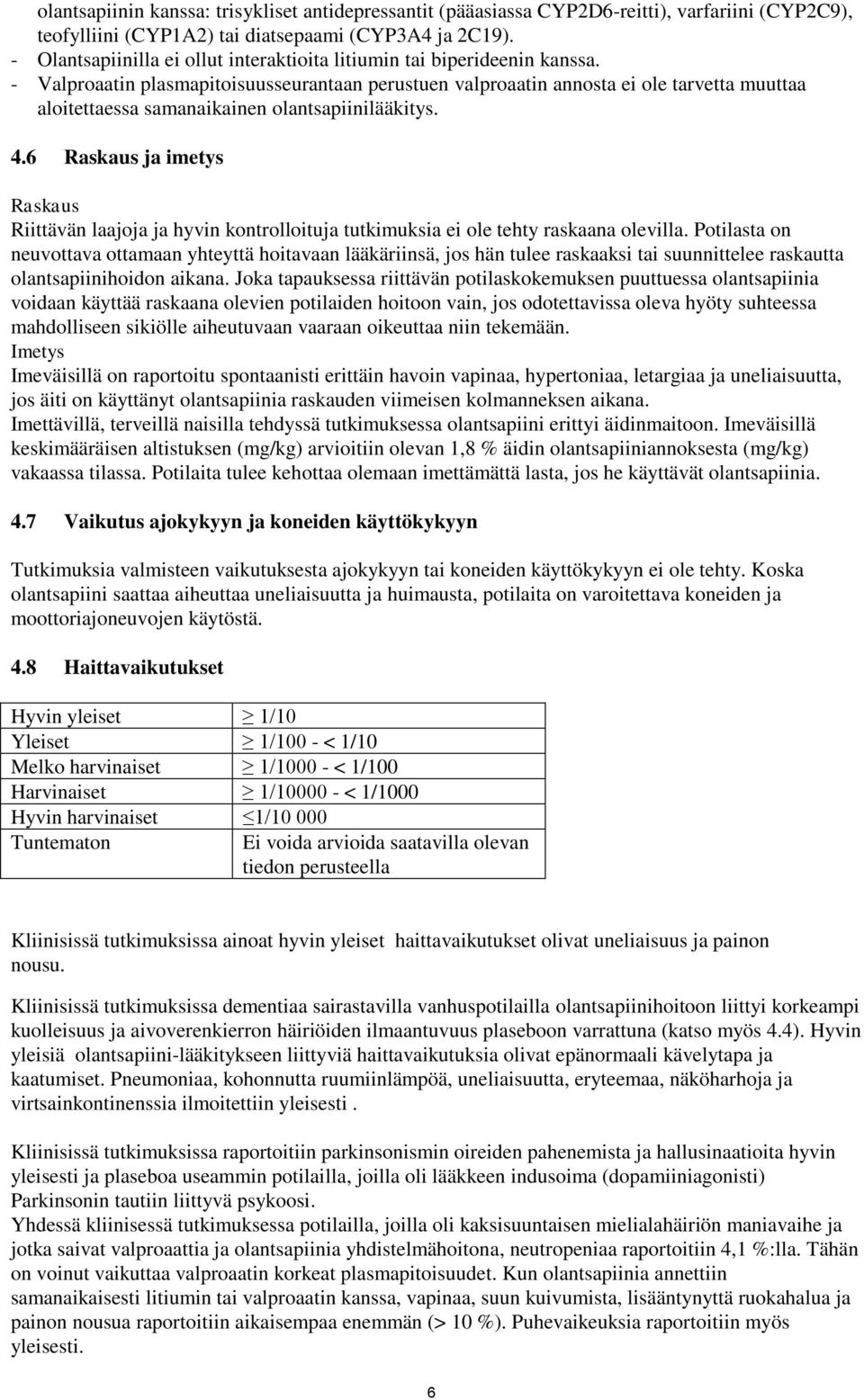 - Valproaatin plasmapitoisuusseurantaan perustuen valproaatin annosta ei ole tarvetta muuttaa aloitettaessa samanaikainen olantsapiinilääkitys. 4.