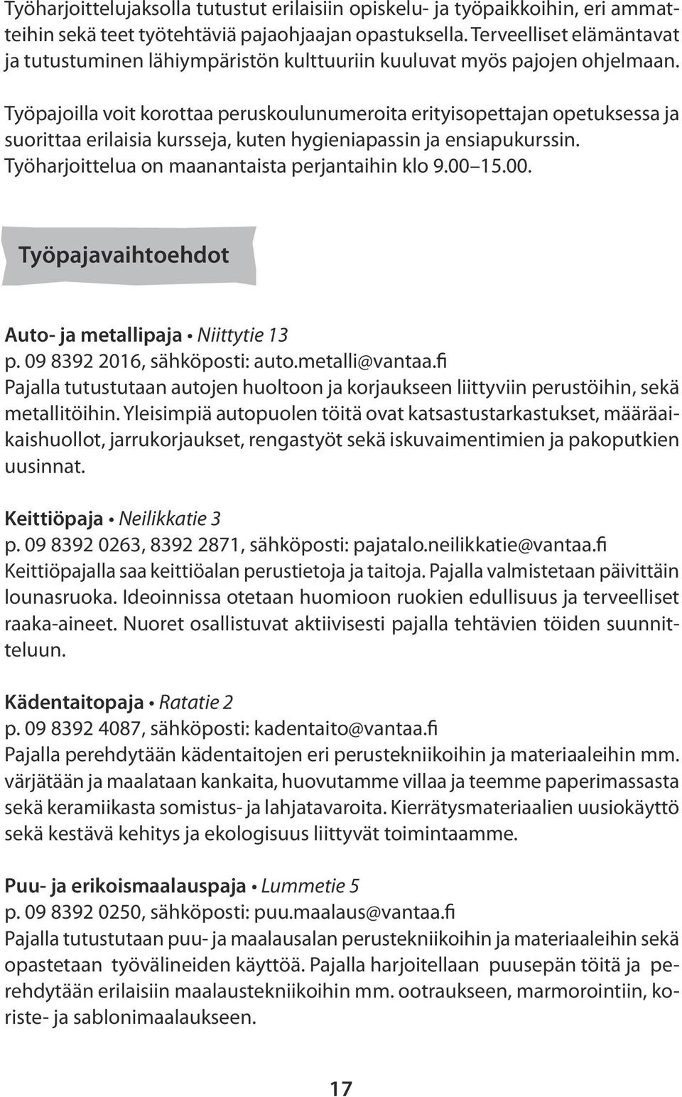 Työpajoilla voit korottaa peruskoulunumeroita erityisopettajan opetuksessa ja suorittaa erilaisia kursseja, kuten hygieniapassin ja ensiapukurssin. Työharjoittelua on maanantaista perjantaihin klo 9.