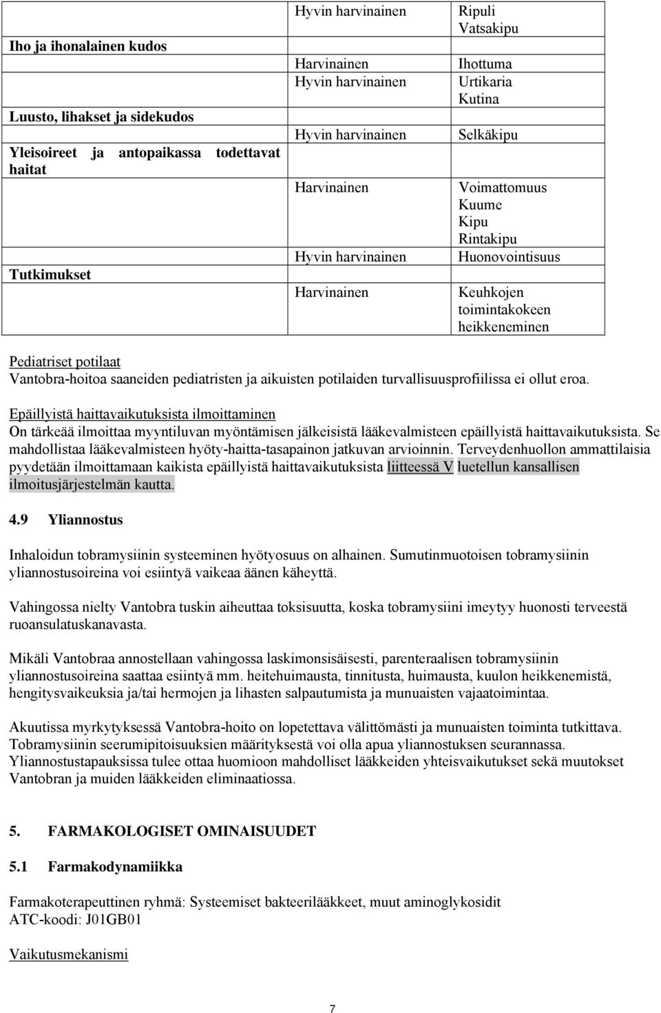 Vantobra-hoitoa saaneiden pediatristen ja aikuisten potilaiden turvallisuusprofiilissa ei ollut eroa.
