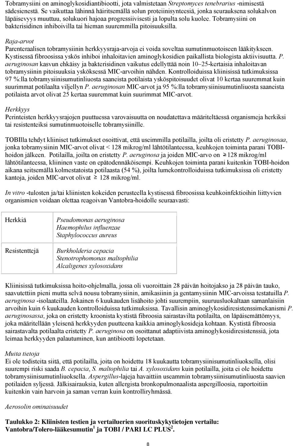 Tobramysiini on bakterisidinen inhiboivilla tai hieman suuremmilla pitoisuuksilla. Raja-arvot Parenteraalisen tobramysiinin herkkyysraja-arvoja ei voida soveltaa sumutinmuotoiseen lääkitykseen.