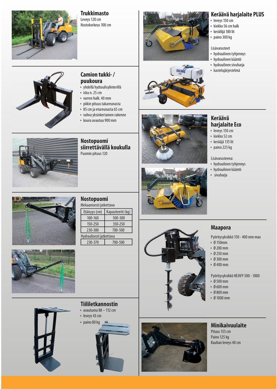 leveys 150 cm Ì kiekko 56 cm halk Ì keräilijä 180 lit Ì paino 300 kg Lisävarusteet Ì hydraulinen tyhjennys Ì hydraulinen kääntö Ì hydraulinen sivuharja Ì kastelujärjestelmä Keräävä harjalaite Eco Ì