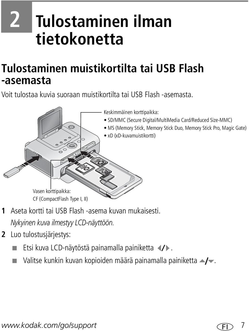 (xd-kuvamuistikortti) Vasen korttipaikka: CF (CompactFlash Type I, II) 1 Aseta kortti tai USB Flash -asema kuvan mukaisesti.
