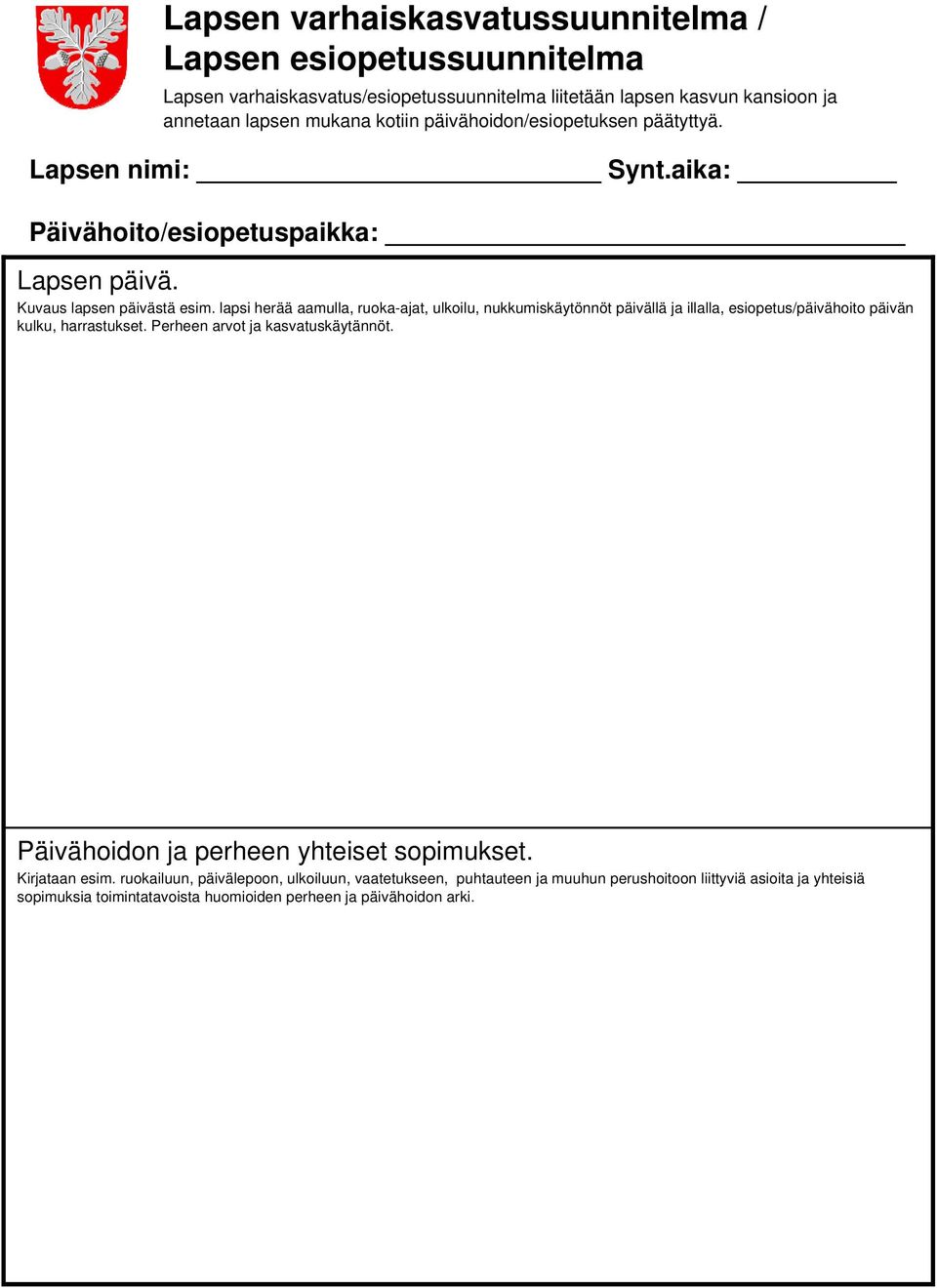 lapsi herää aamulla, ruoka-ajat, ulkoilu, nukkumiskäytönnöt päivällä ja illalla, esiopetus/päivähoito päivän kulku, harrastukset. Perheen arvot ja kasvatuskäytännöt.