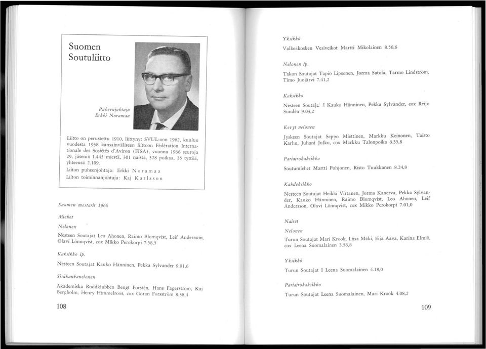 03,2 1 Kauko Hänninen, Pekka Sylvander, cox Reijo Liitto on perustettu 1910, liittynyt SVUL:oon 1%2, kuuluu vuodesta 1938 kansainväliseen liittoon Federation InternatlOn~.~e d~.s Sosietes.