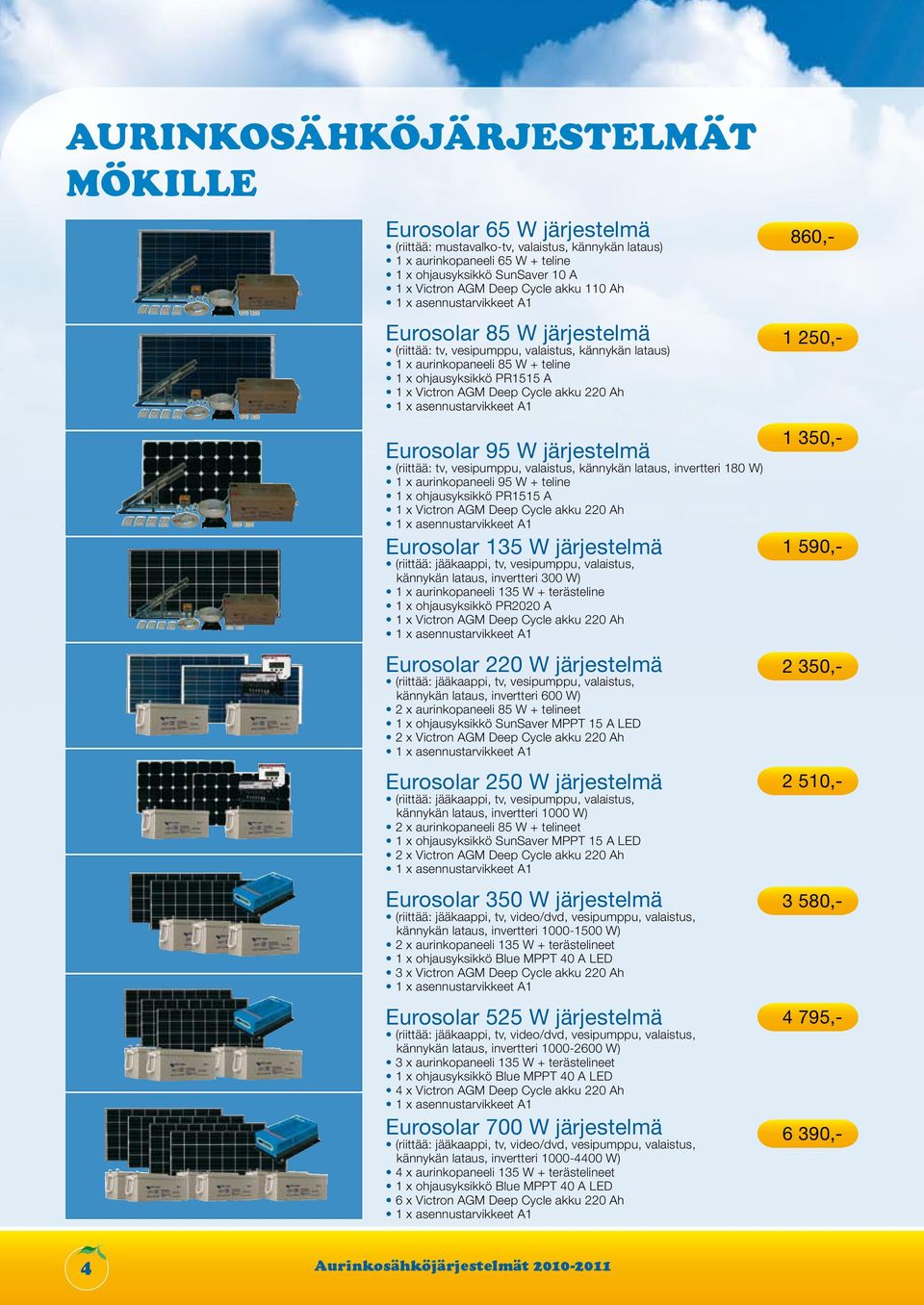 Deep Cycle akku 220 Ah 1 x asennustarvikkeet A1 Eurosolar 95 W järjestelmä (riittää: tv, vesipumppu, valaistus, kännykän lataus, invertteri 180 W) 1 x aurinkopaneeli 95 W + teline 1 x ohjausyksikkö