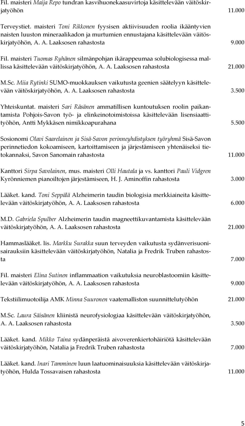 maisteri Tuomas Ryhänen silmänpohjan ikärappeumaa solubiologisessa mallissa käsittelevään väitöskirjatyöhön, A. A. Laaksosen rahastosta 21.000 M.Sc.