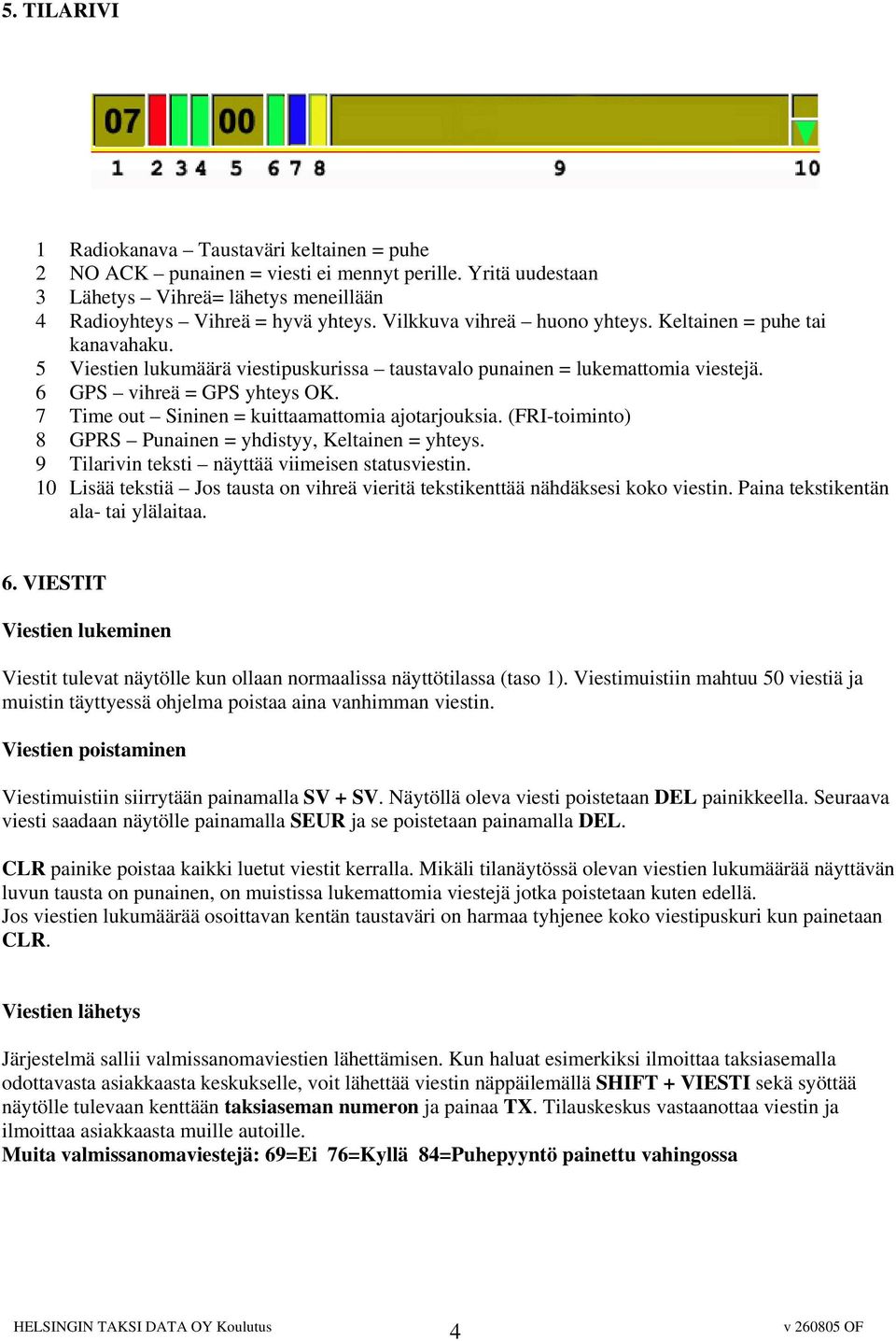 7 Time out Sininen = kuittaamattomia ajotarjouksia. (FRI-toiminto) 8 GPRS Punainen = yhdistyy, Keltainen = yhteys. 9 Tilarivin teksti näyttää viimeisen statusviestin.