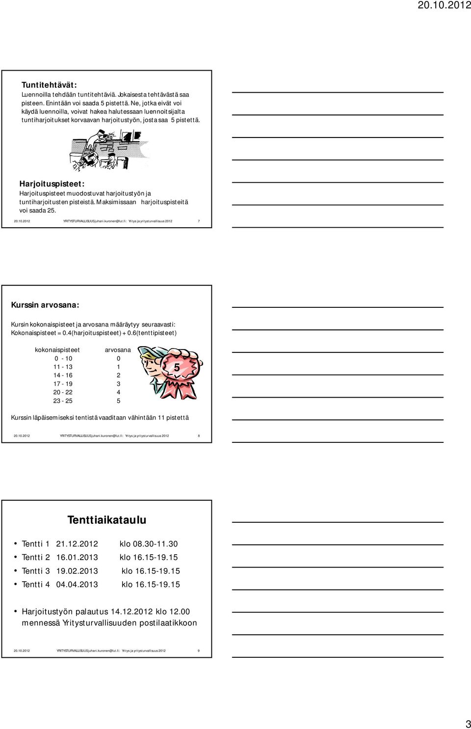 Harjoituspisteet: Harjoituspisteet muodostuvat harjoitustyön ja tuntiharjoitusten pisteistä. Maksimissaan harjoituspisteitä voi saada 25.