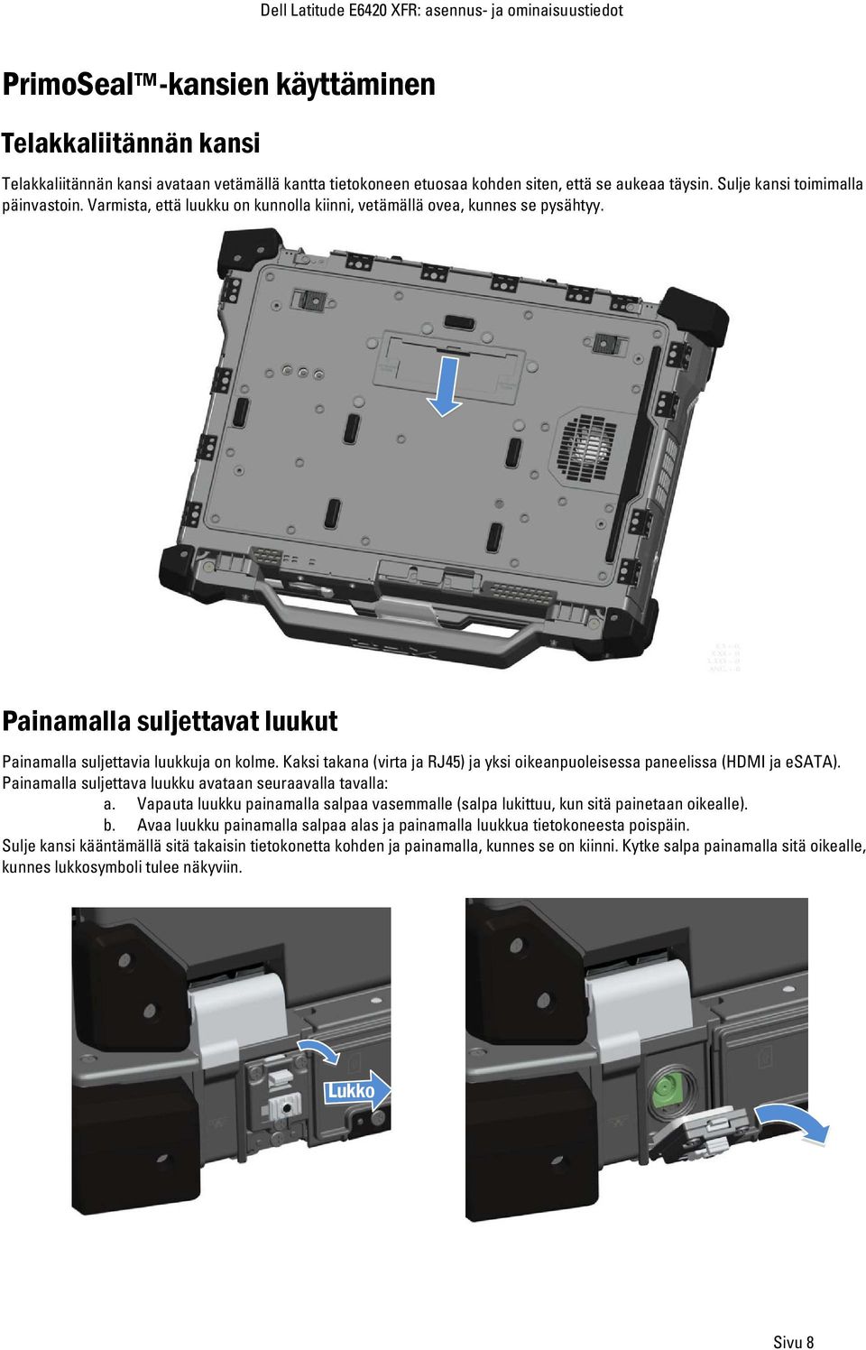 Kaksi takana (virta ja RJ45) ja yksi oikeanpuoleisessa paneelissa (HDMI ja esata). Painamalla suljettava luukku avataan seuraavalla tavalla: a.