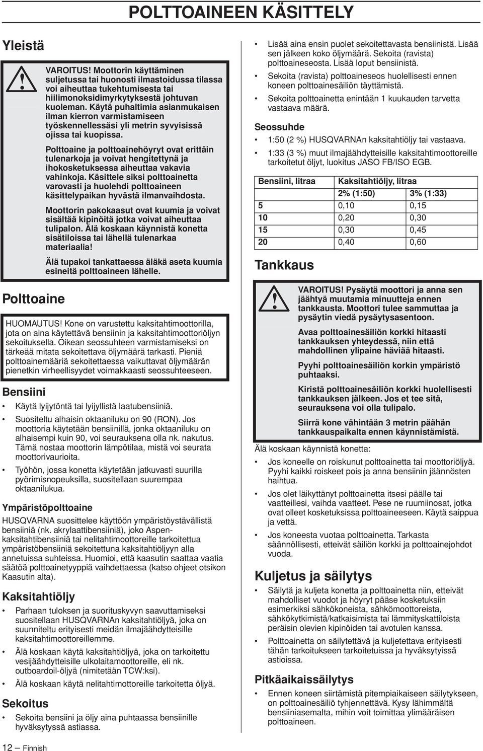 Polttoaine ja polttoainehöyryt ovat erittäin tulenarkoja ja voivat hengitettynä ja ihokosketuksessa aiheuttaa vakavia vahinkoja.