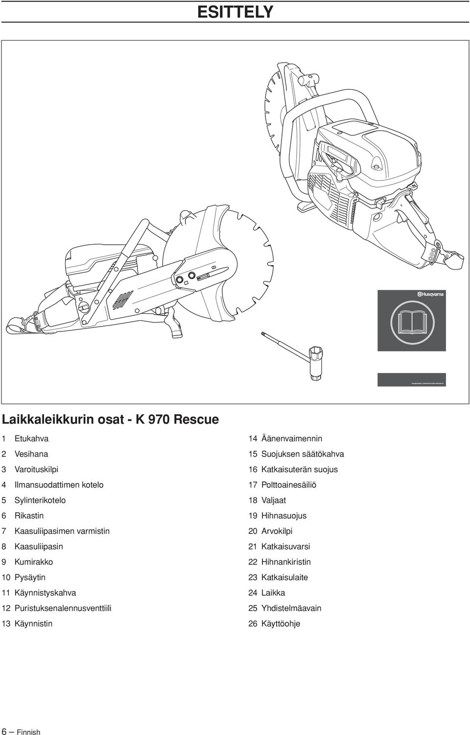 Puristuksenalennusventtiili 13 Käynnistin 14 Äänenvaimennin 15 Suojuksen säätökahva 16 Katkaisuterän suojus 17