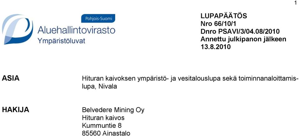 kaivoksen ympäristö- ja vesitalouslupa sekä