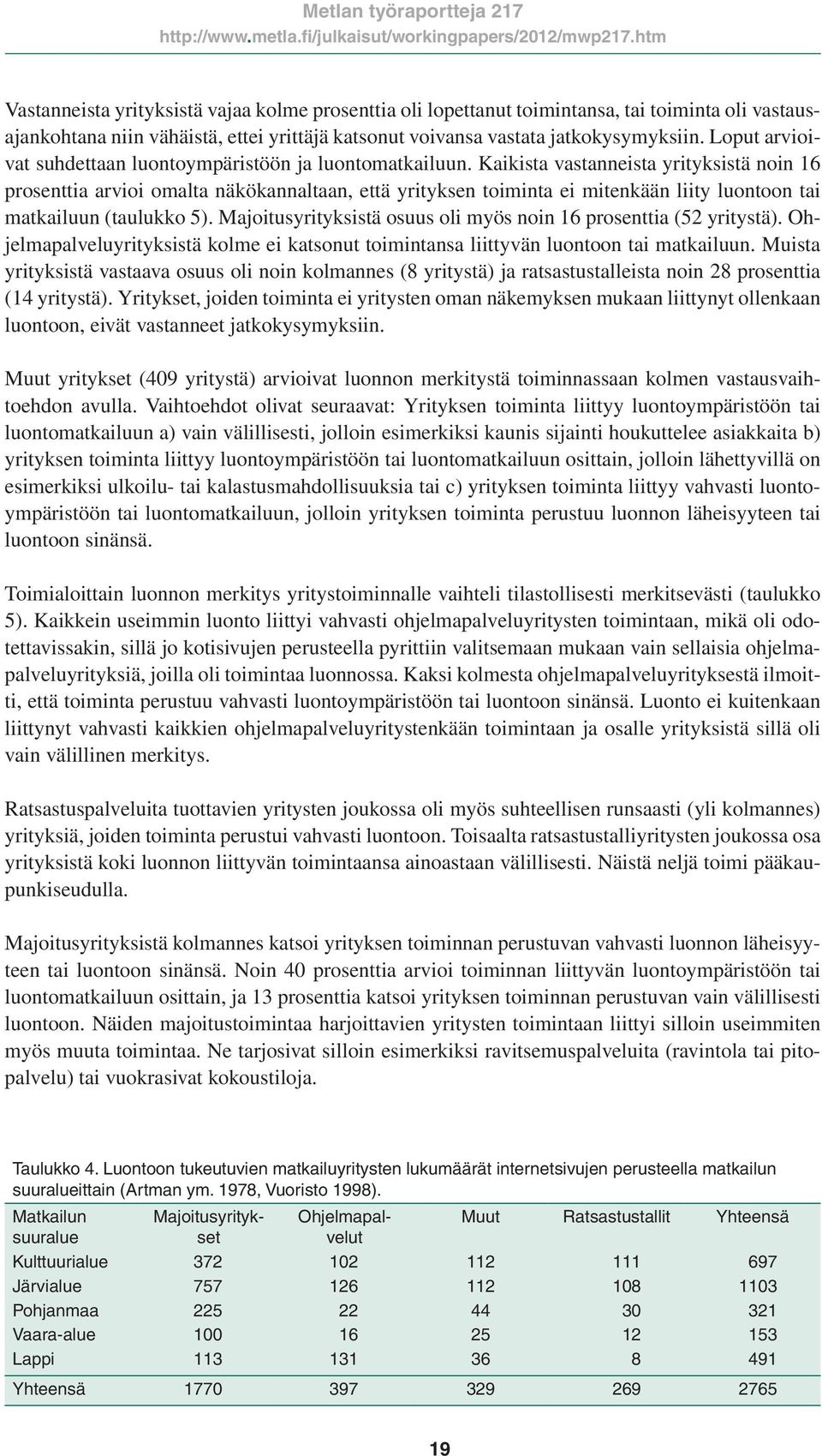 Kaikista vastanneista yrityksistä noin 16 prosenttia arvioi omalta näkökannaltaan, että yrityksen toiminta ei mitenkään liity luontoon tai matkailuun (taulukko 5).