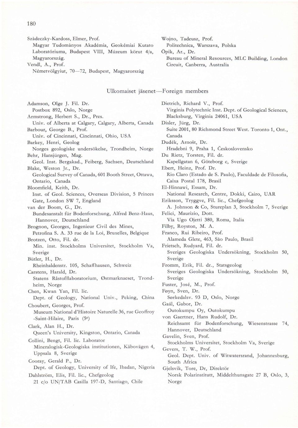 , Dr., Pres. Univ. of Alberta at Calgary, Calgary, Alberta, Canada Barbour, George B., Prof. Univ. of Cincinnati, Cincinnati, Ohio, USA Barkey, Henri, Geolog Norges geologiske undersökelse, Trondheim, Norge Behr, Hansjürgen, Mag.