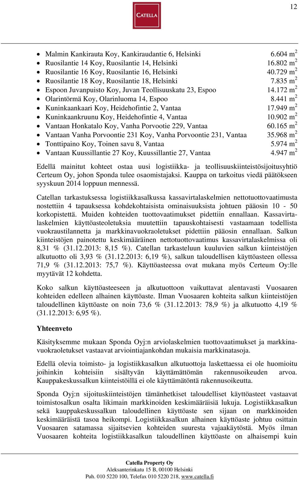 441 m 2 Kuninkaankaari Koy, Heidehofintie 2, Vantaa 17.949 m 2 Kuninkaankruunu Koy, Heidehofintie 4, Vantaa 10.902 m 2 Vantaan Honkatalo Koy, Vanha Porvootie 229, Vantaa 60.