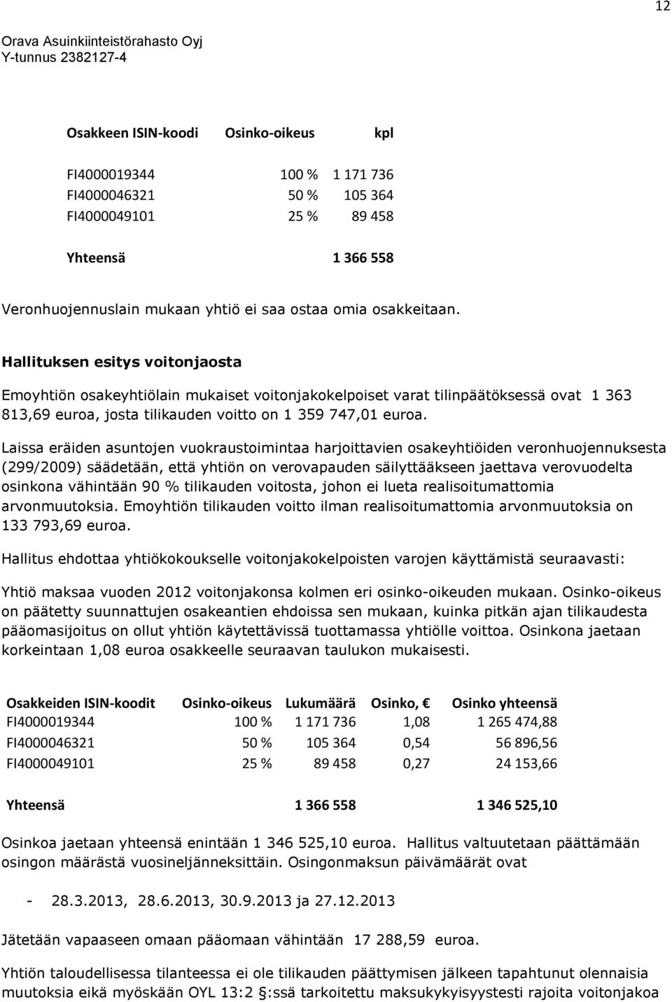 Laissa eräiden asuntojen vuokraustoimintaa harjoittavien osakeyhtiöiden veronhuojennuksesta (299/2009) säädetään, että yhtiön on verovapauden säilyttääkseen jaettava verovuodelta osinkona vähintään