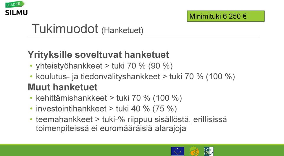 %) Muut hanketuet kehittämishankkeet > tuki 70 % (100 %) investointihankkeet > tuki 40 %
