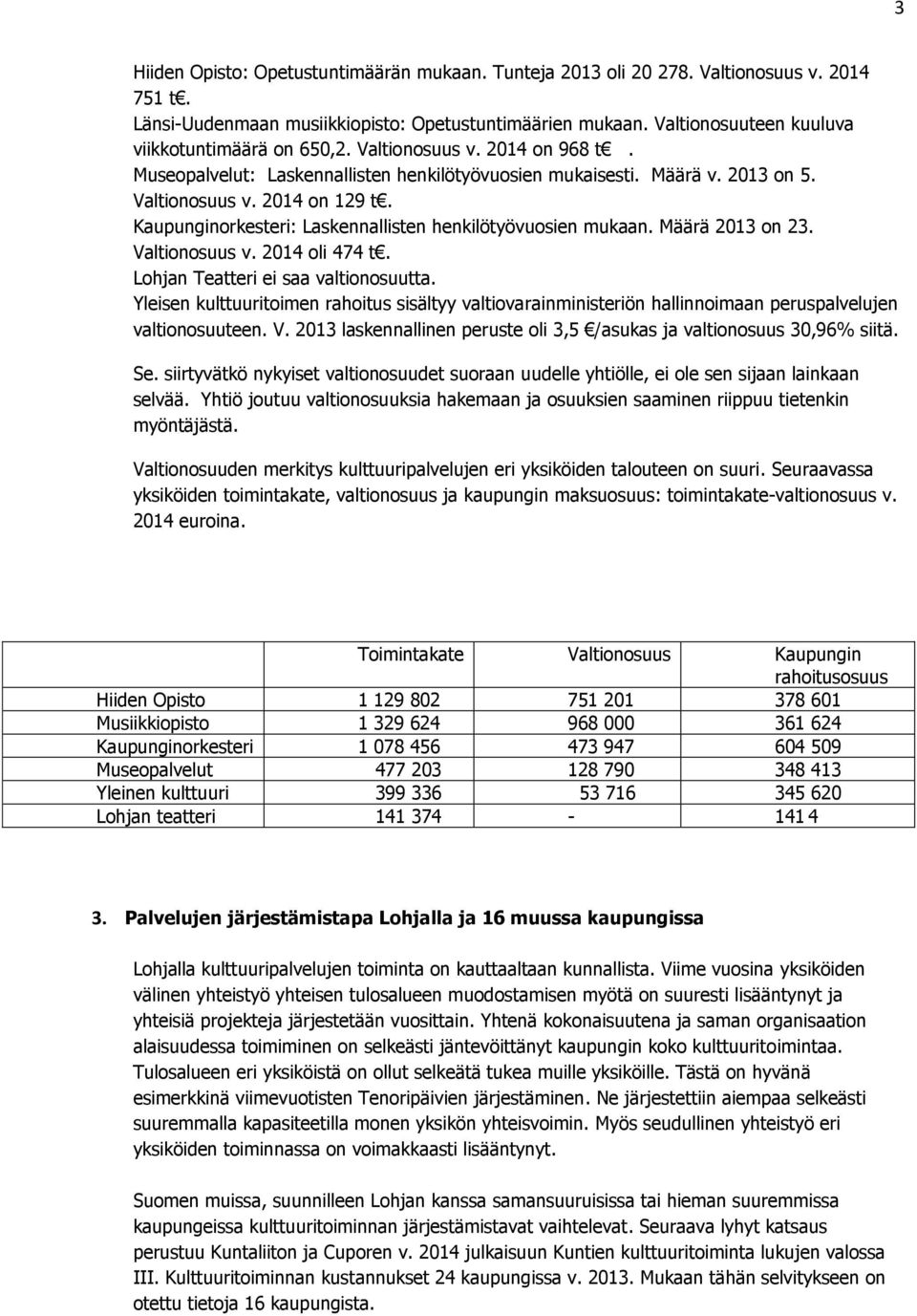 Kaupunginorkesteri: Laskennallisten henkilötyövuosien mukaan. Määrä 2013 on 23. Valtionosuus v. 2014 oli 474 t. Lohjan Teatteri ei saa valtionosuutta.