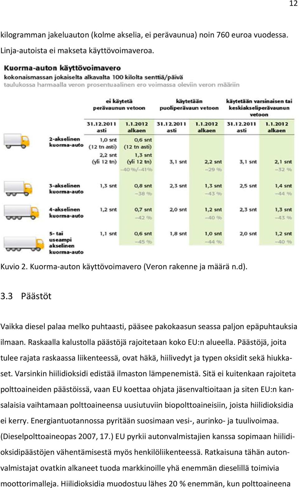 Päästöjä, joita tulee rajata raskaassa liikenteessä, ovat häkä, hiilivedyt ja typen oksidit sekä hiukkaset. Varsinkin hiilidioksidi edistää ilmaston lämpenemistä.