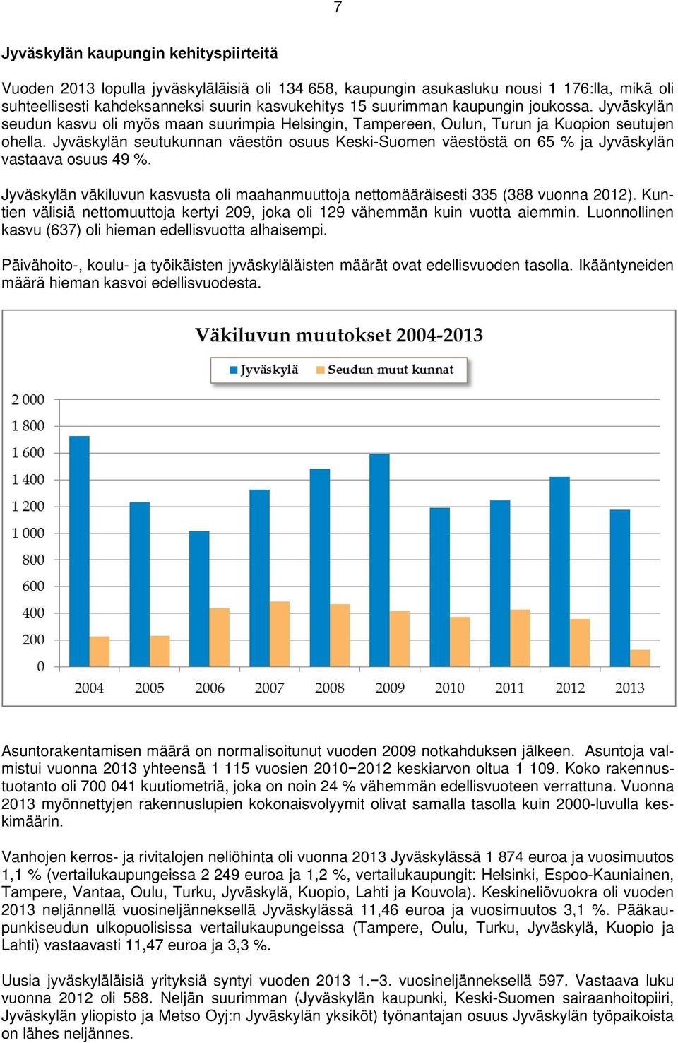 Jyväskylän seutukunnan väestön osuus Keski-Suomen väestöstä on 65 % ja Jyväskylän vastaava osuus 49 %. Jyväskylän väkiluvun kasvusta oli maahanmuuttoja nettomääräisesti 335 (388 vuonna 2012).