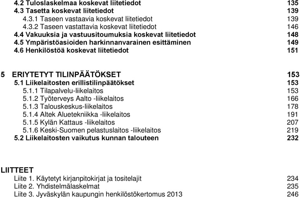 1 Liikelaitosten erillistilinpäätökset 153 5.1.1 Tilapalvelu-liikelaitos 153 5.1.2 Työterveys Aalto -liikelaitos 166 5.1.3 Talouskeskus-liikelaitos 178 5.1.4 Altek Aluetekniikka -liikelaitos 191 5.1.5 Kylän Kattaus -liikelaitos 207 5.