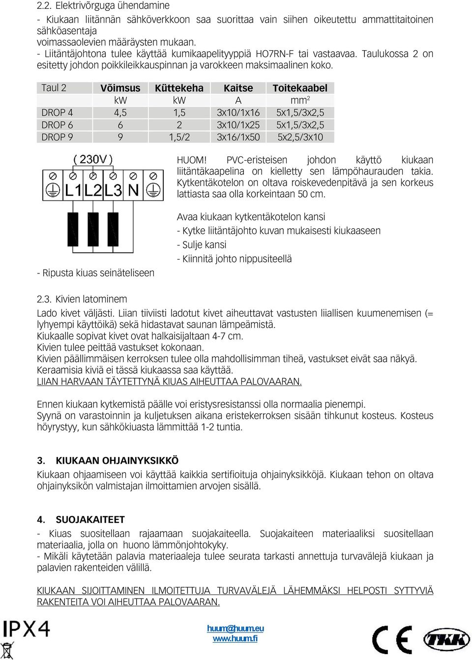 Taul 2 Võimsus Küttekeha Kaitse Toitekaabel kw kw A mm 2 DROP 4 4,5 1,5 3x10/1x16 5x1,5/3x2,5 DROP 6 6 2 3x10/1x25 5x1,5/3x2,5 DROP 9 9 1,5/2 3x16/1x50 5x2,5/3x10 HUOM!