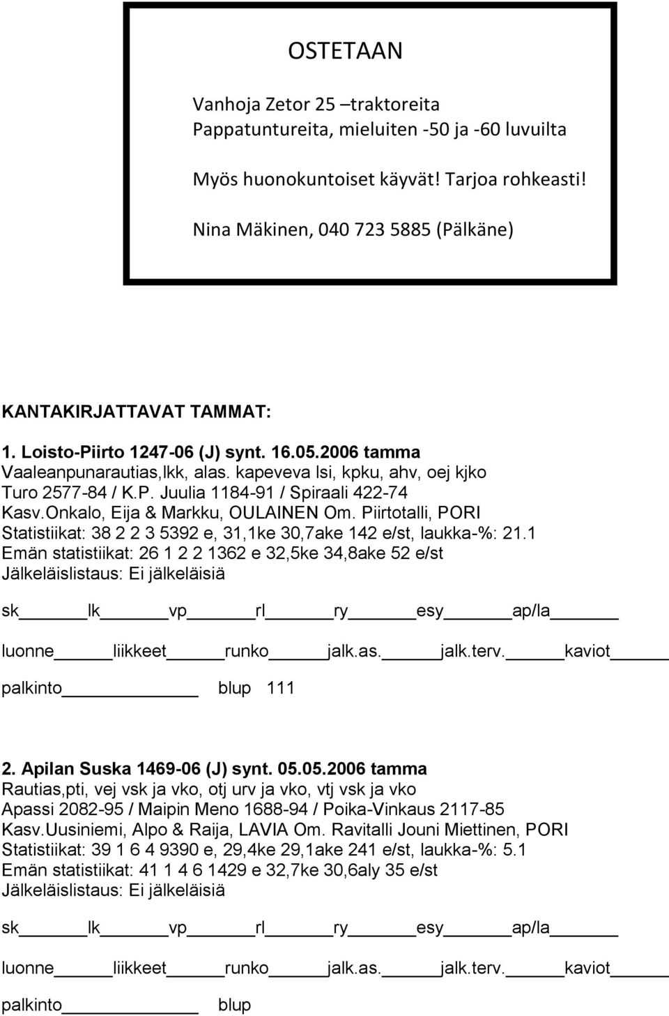 Onkalo, Eija & Markku, OULAINEN Om. Piirtotalli, PORI Statistiikat: 38 2 2 3 5392 e, 31,1ke 30,7ake 142 e/st, laukka-%: 21.