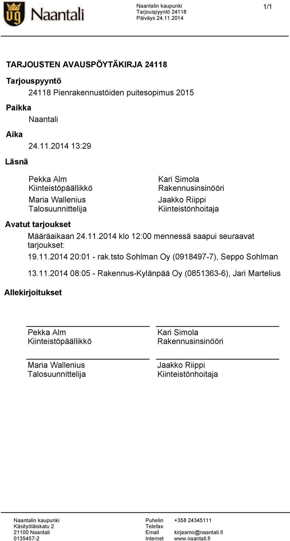 11.2014 20:01 - rak.tsto Sohlman Oy (0918497-7), Seppo Sohlman 13.11.2014 08:05 - Rakennus-Kylänpää Oy (0851363-6), Jari Martelius