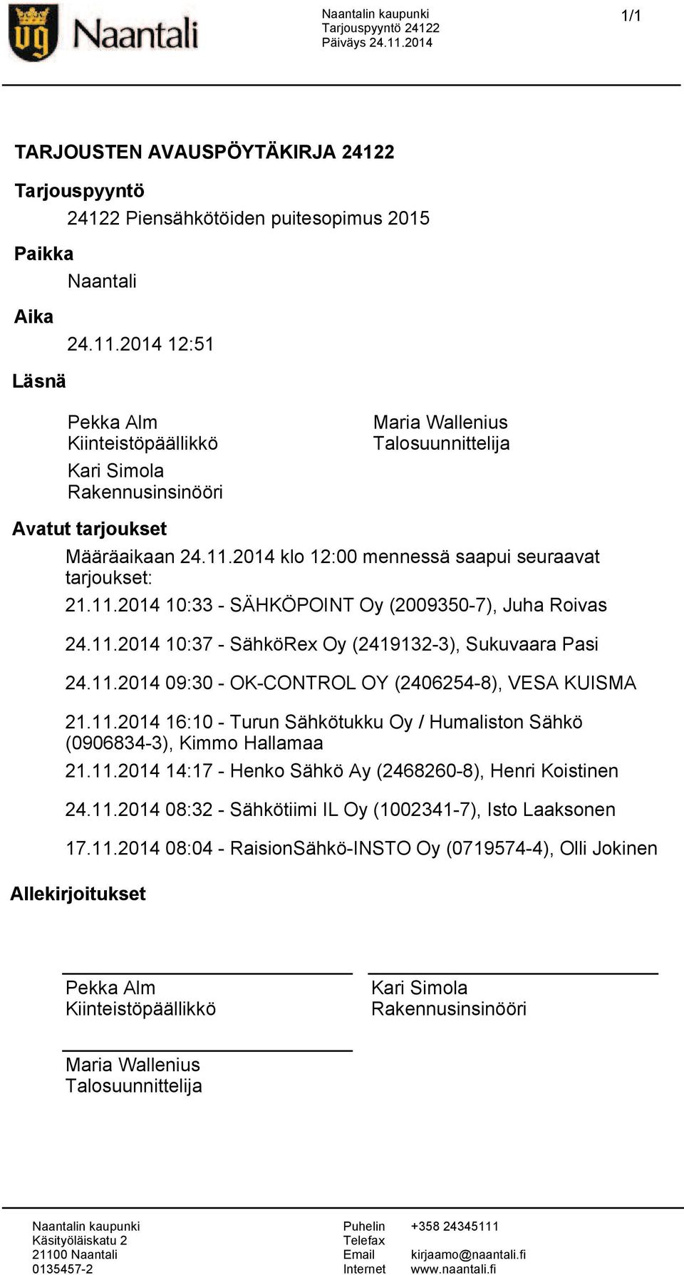 11.2014 16:10 - Turun Sähkötukku Oy / Humaliston Sähkö (0906834-3), Kimmo Hallamaa 21.11.2014 14:17 - Henko Sähkö Ay (2468260-8), Henri Koistinen 24.11.2014 08:32 - Sähkötiimi IL Oy (1002341-7), Isto Laaksonen 17.