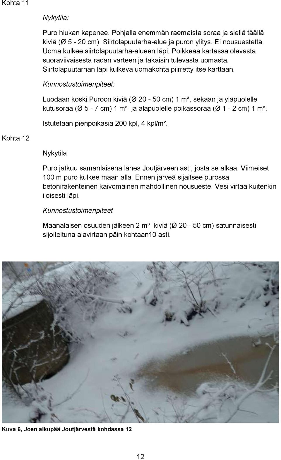 puroon kiviä (Ø 20-50 cm) 1 m³, sekaan ja yläpuolelle kutusoraa (Ø 5-7 cm) 1 m³ ja alapuolelle poikassoraa (Ø 1-2 cm) 1 m³. Istutetaan pienpoikasia 200 kpl, 4 kpl/m².