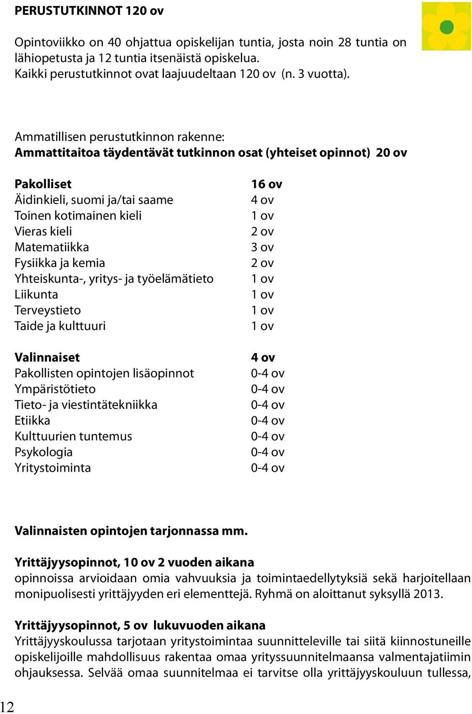 Ammatillisen perustutkinnon rakenne: Ammattitaitoa täydentävät tutkinnon osat (yhteiset opinnot) 20 ov Pakolliset Äidinkieli, suomi ja/tai saame Toinen kotimainen kieli Vieras kieli Matematiikka