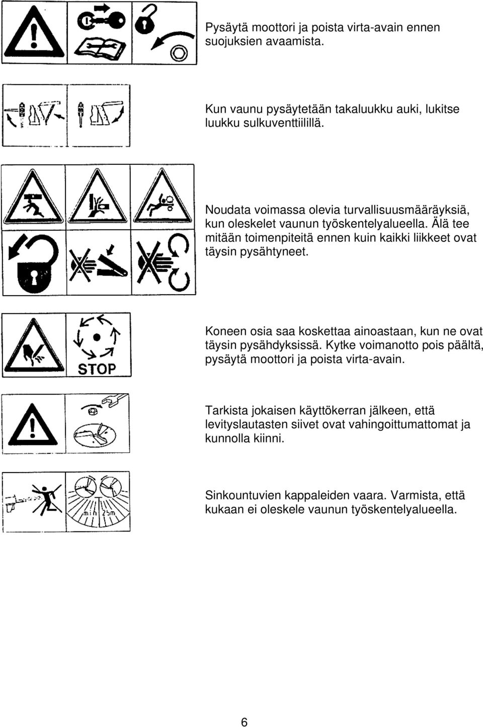 Älä tee mitään toimenpiteitä ennen kuin kaikki liikkeet ovat täysin pysähtyneet. Koneen osia saa koskettaa ainoastaan, kun ne ovat täysin pysähdyksissä.