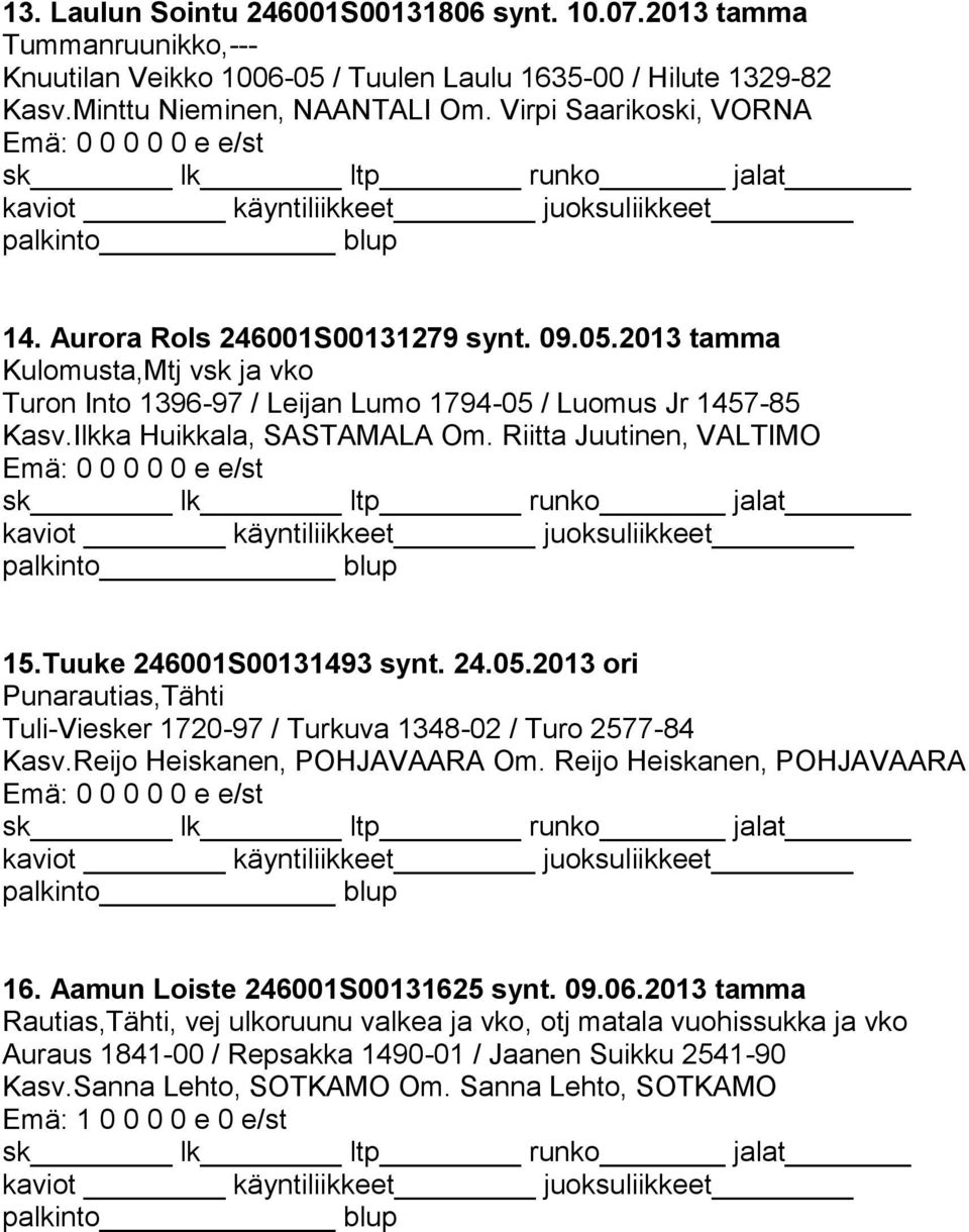 Riitta Juutinen, VALTIMO 15.Tuuke 246001S00131493 synt. 24.05.2013 ori Punarautias,Tähti Tuli-Viesker 1720-97 / Turkuva 1348-02 / Turo 2577-84 Kasv.Reijo Heiskanen, POHJAVAARA Om.
