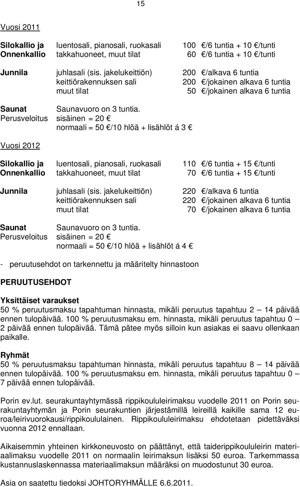 Perusveloitus sisäinen = 20 normaali = 50 /10 hlöä + lisählöt á 3 Vuosi 2012 Silokallio ja luentosali, pianosali, ruokasali 110 /6 tuntia + 15 /tunti Onnenkallio takkahuoneet, muut tilat 70 /6 tuntia