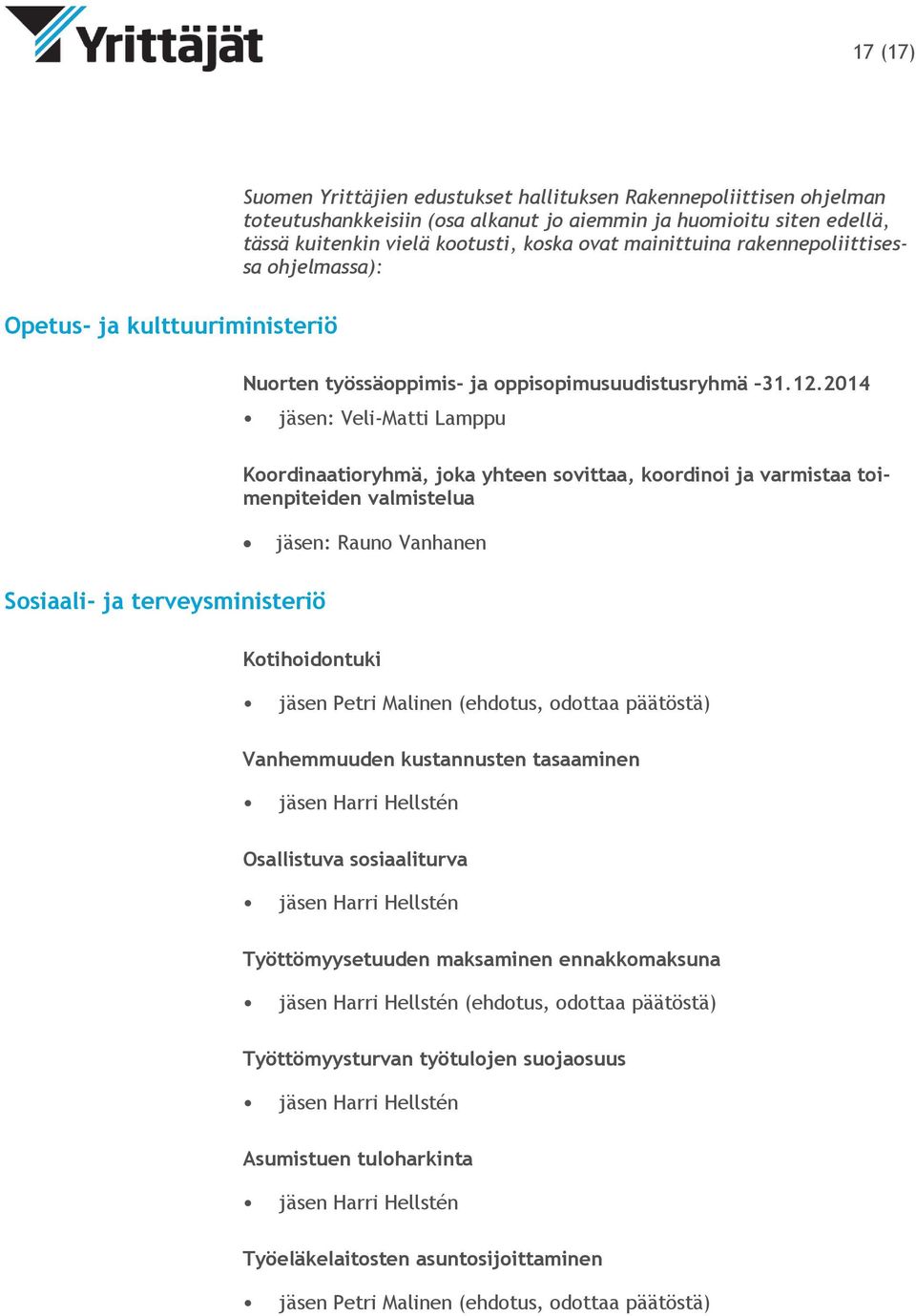 2014 jäsen: Veli-Matti Lamppu Koordinaatioryhmä, joka yhteen sovittaa, koordinoi ja varmistaa toimenpiteiden valmistelua jäsen: Rauno Vanhanen Sosiaali- ja terveysministeriö Kotihoidontuki jäsen