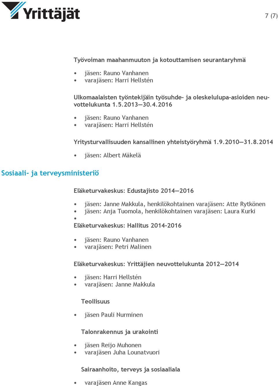 2014 jäsen: Albert Mäkelä Eläketurvakeskus: Edustajisto 2014 2016 jäsen: Janne Makkula, henkilökohtainen varajäsen: Atte Rytkönen jäsen: Anja Tuomola, henkilökohtainen varajäsen: Laura Kurki