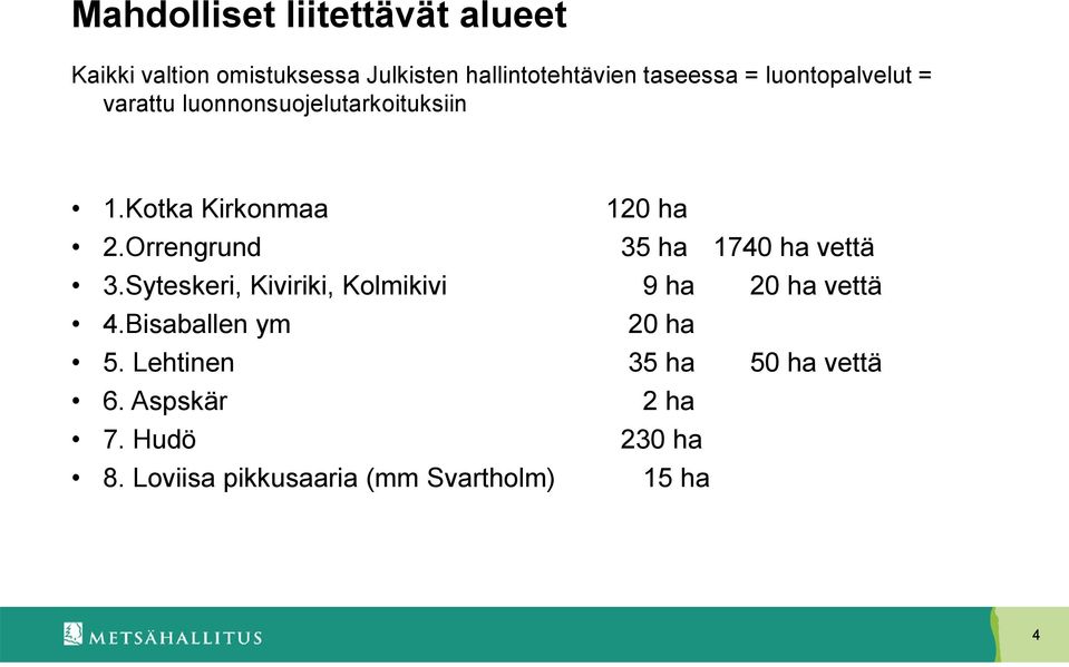 Orrengrund 35 ha 1740 ha vettä 3.Syteskeri, Kiviriki, Kolmikivi 9 ha 20 ha vettä 4.