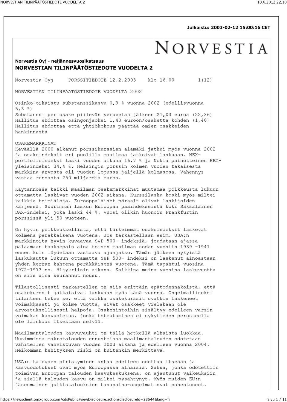 Hallitus ehdottaa osingonjaoksi 1,40 euroon/osaketta kohden (1,40) Hallitus ehdottaa että yhtiökokous päättää omien osakkeiden hankinnasta OSAKEMARKKINAT Keväällä 2000 alkanut pörssikurssien alamäki