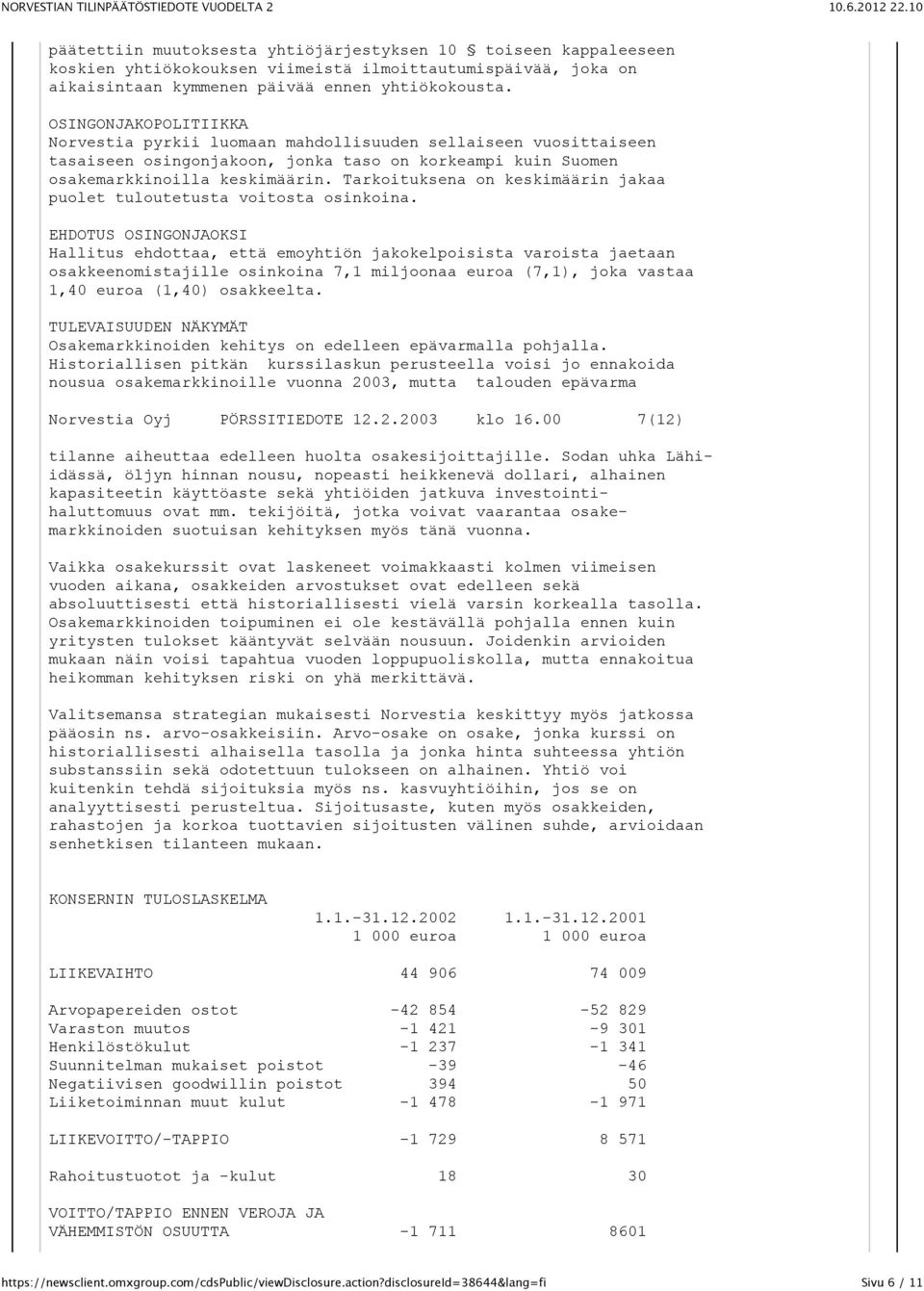 Tarkoituksena on keskimäärin jakaa puolet tuloutetusta voitosta osinkoina.