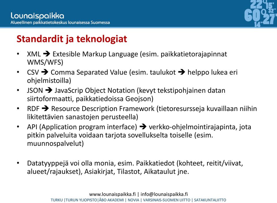 Description Framework (tietoresursseja kuvaillaan niihin likitettävien sanastojen perusteella) API (Application program interface) verkko-ohjelmointirajapinta, jota