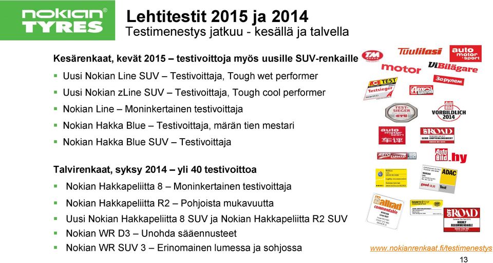 Hakka Blue SUV Testivoittaja Talvirenkaat, syksy 2014 yli 40 testivoittoa Nokian Hakkapeliitta 8 Moninkertainen testivoittaja Nokian Hakkapeliitta R2 Pohjoista mukavuutta