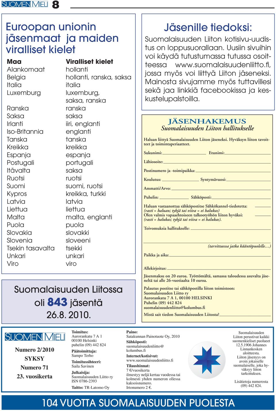 kreikka espanja portugali saksa ruotsi suomi, ruotsi kreikka, turkki latvia liettua malta, englanti puola slovakki sloveeni tsekki unkari viro Suomalaisuuden Liitossa oli 843 jäsentä 26.8. 2010.