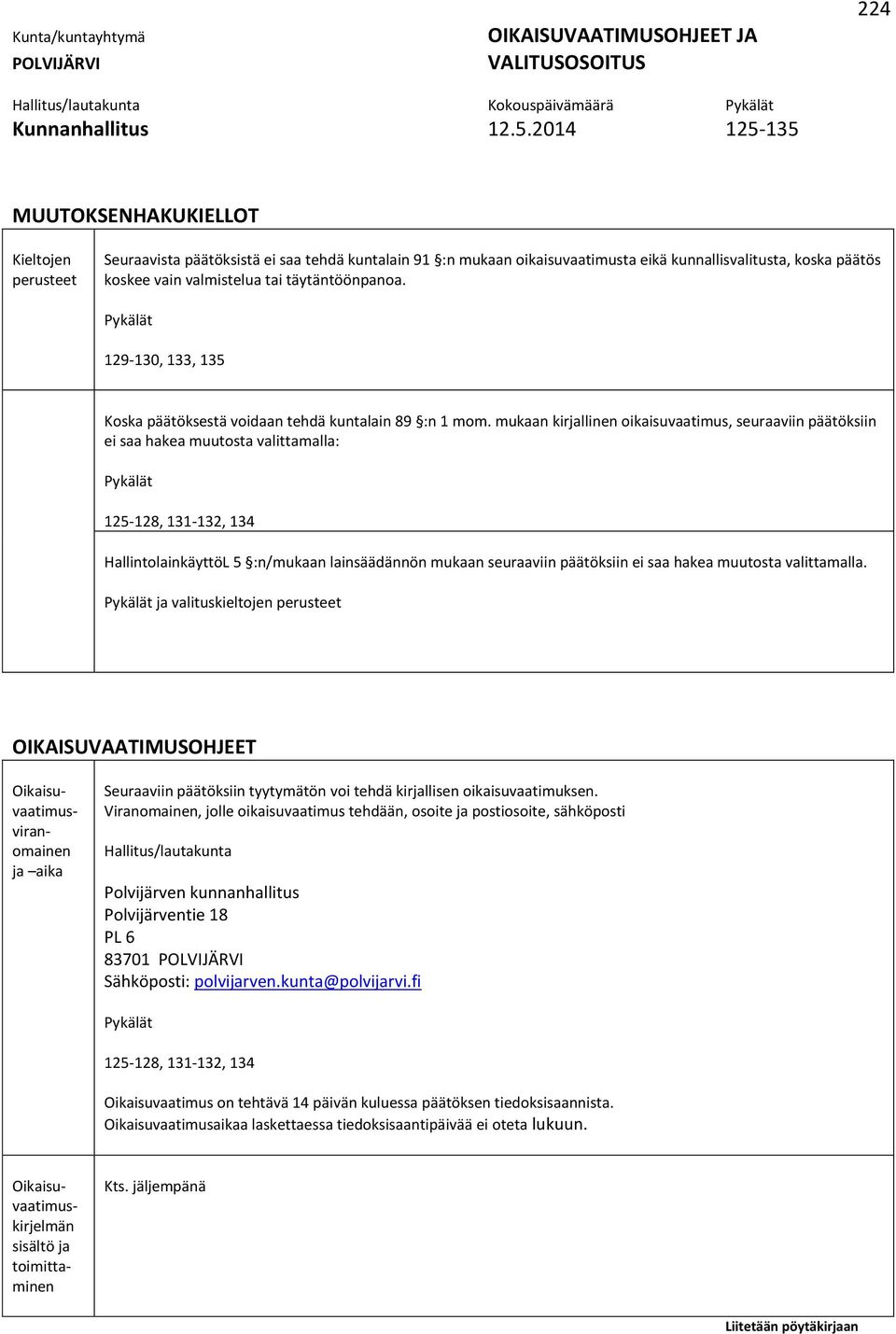 täytäntöönpanoa. Pykälät 129-130, 133, 135 Koska päätöksestä voidaan tehdä kuntalain 89 :n 1 mom.